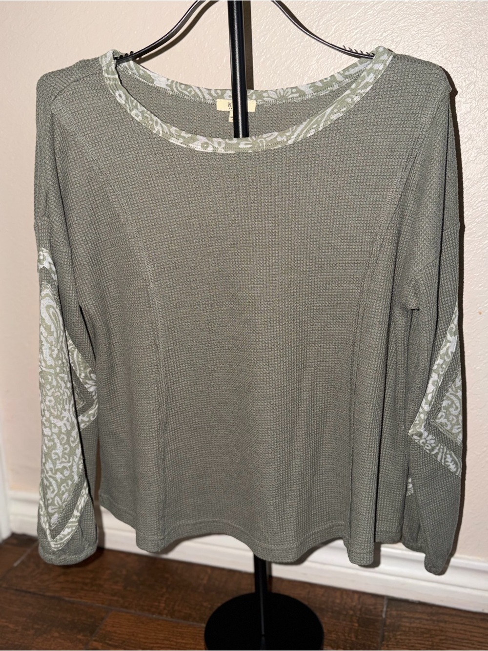 Kori Olive Green Waffle-Knit Long Sleeve Top with Paisley Trim